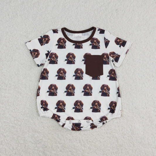 RTS no moq SR1685 Duck Puppy Brown Pocket White Short Sleeve Bodysuit