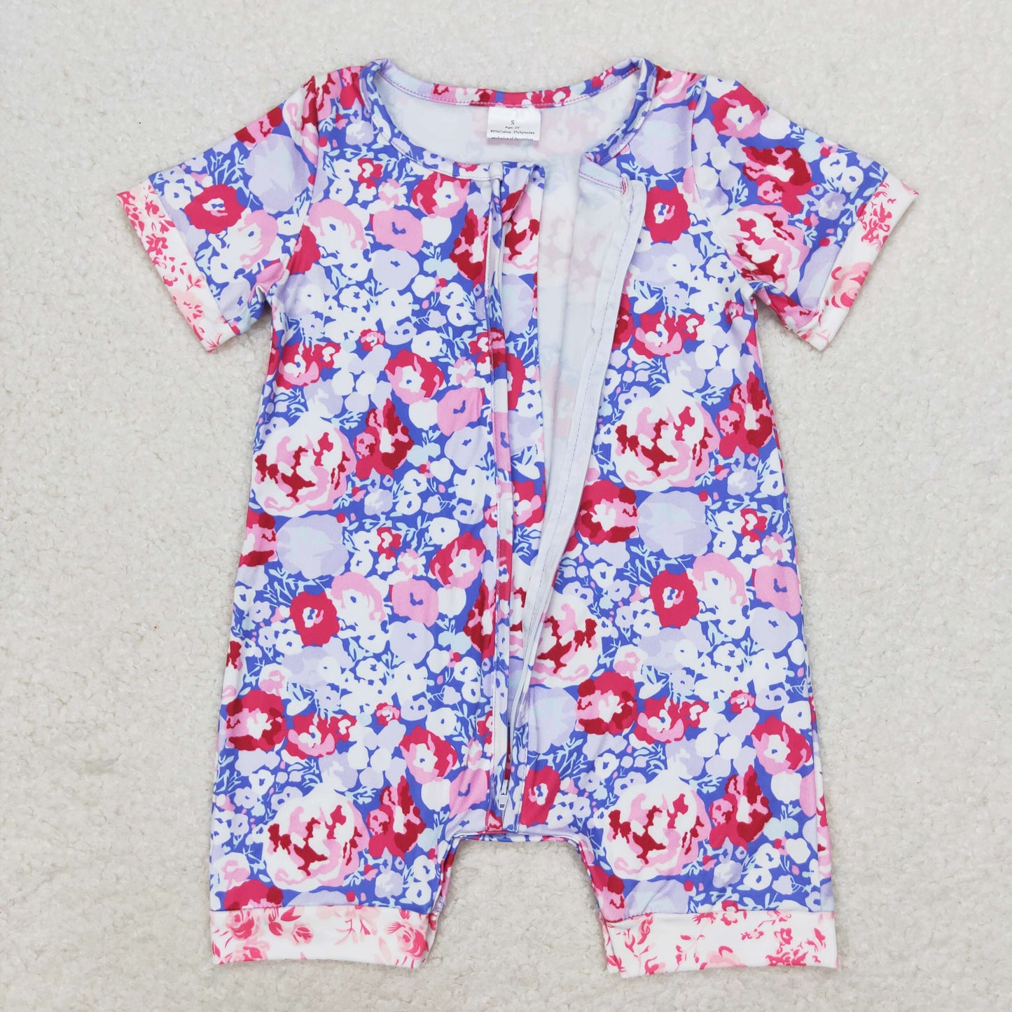 RTS no moq SR1767 blue purple flower zipper short-sleeved jumpsuit