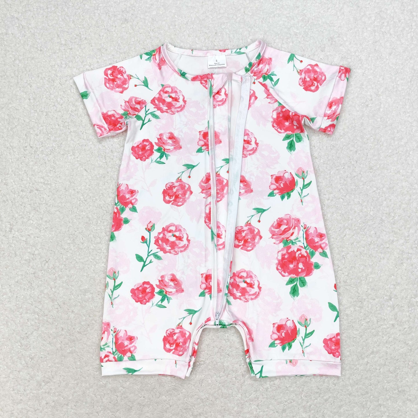 RTS no moq SR1768 Pink flower zipper short-sleeved jumpsuit