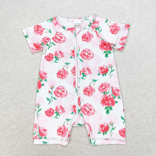 RTS no moq SR1768 Pink flower zipper short-sleeved jumpsuit