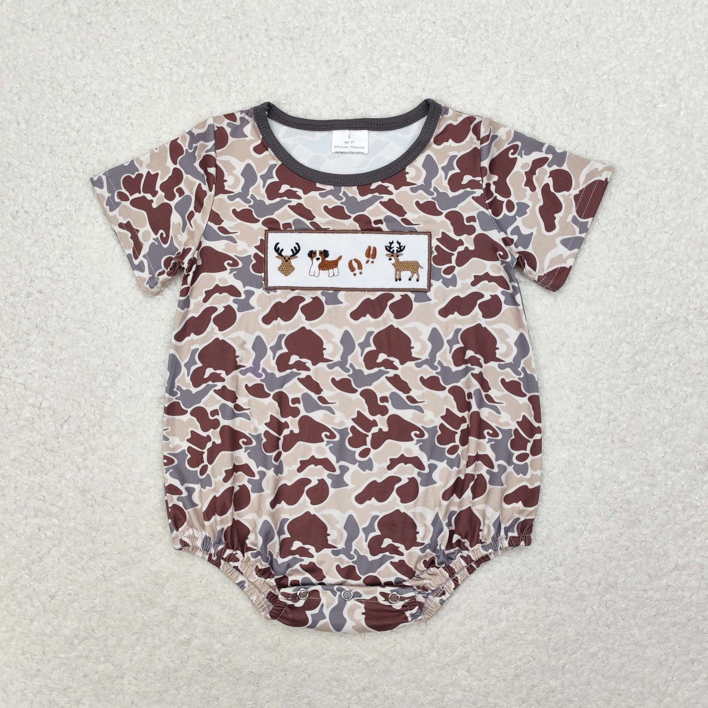 RTS no moq SR1785 Boys Embroidered Elk Puppy Camouflage Short Sleeve Bodysuit