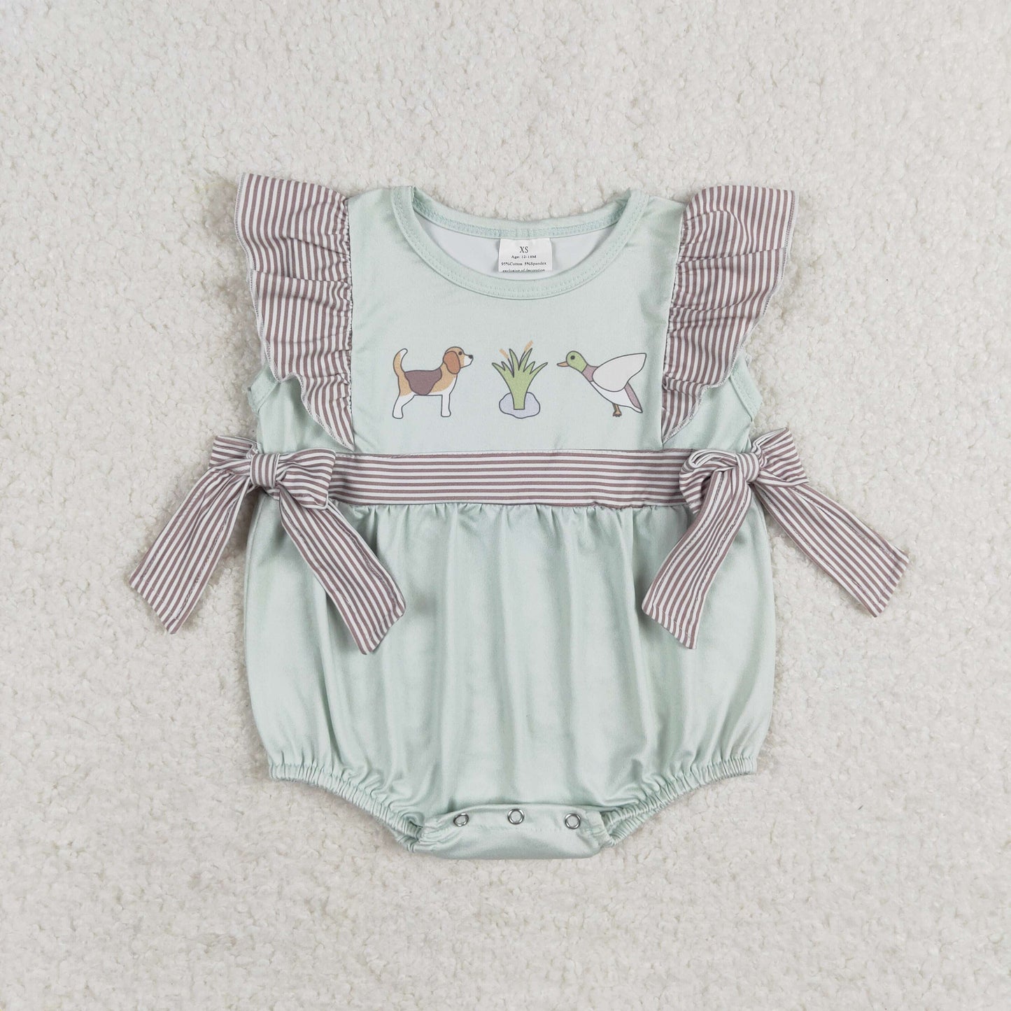 RTS no moq SR1790 Puppy duck striped bow blue-green vest jumpsuit