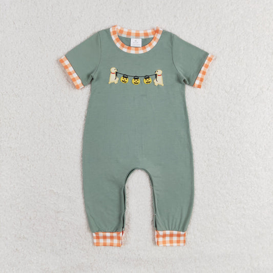 RTS no moq SR1793 Embroidered Halloween pumpkin lantern puppy orange plaid blue green short sleeve jumpsuit