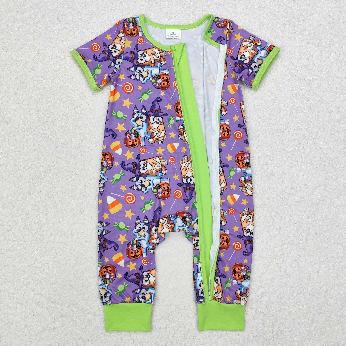 BAMBOO RTS NO MOQ ETA 5/7days SR1803 bluey modal Halloween candy star purple and green short sleeve onesie