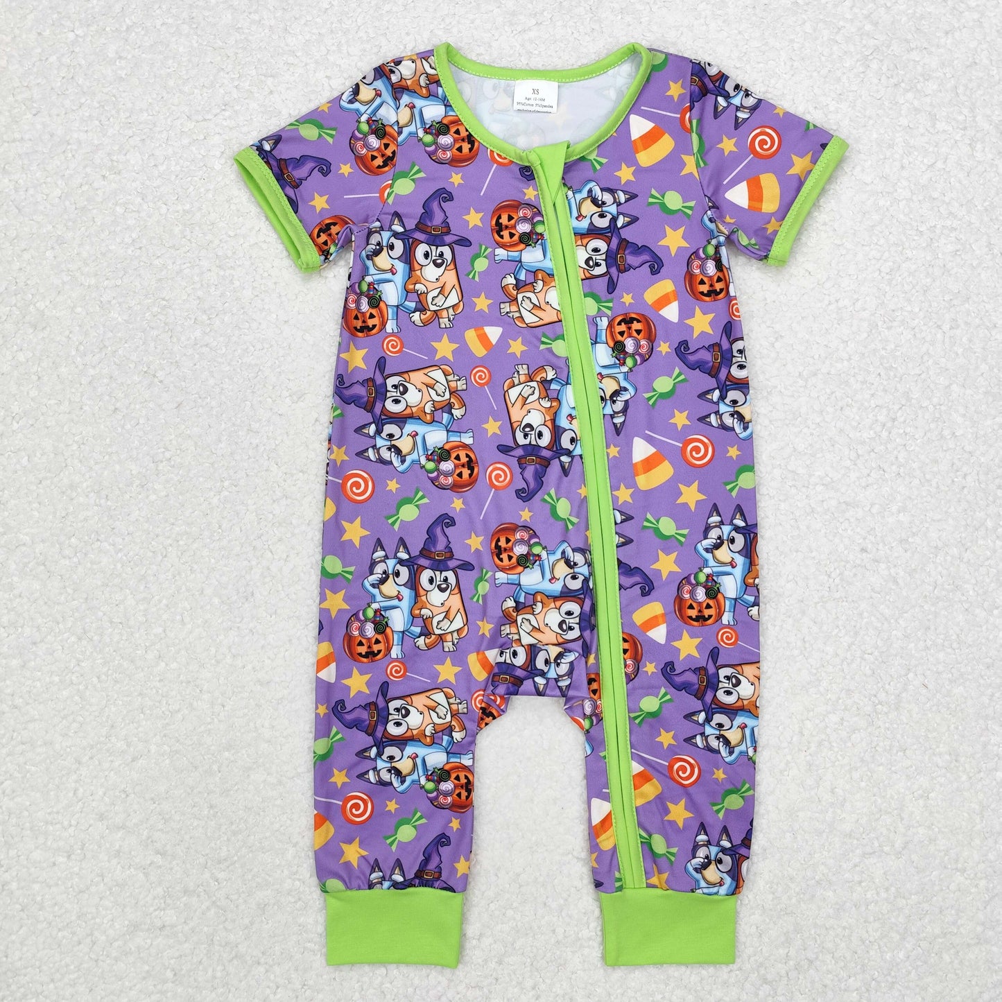 BAMBOO RTS NO MOQ ETA 5/7days SR1803 bluey modal Halloween candy star purple and green short sleeve onesie