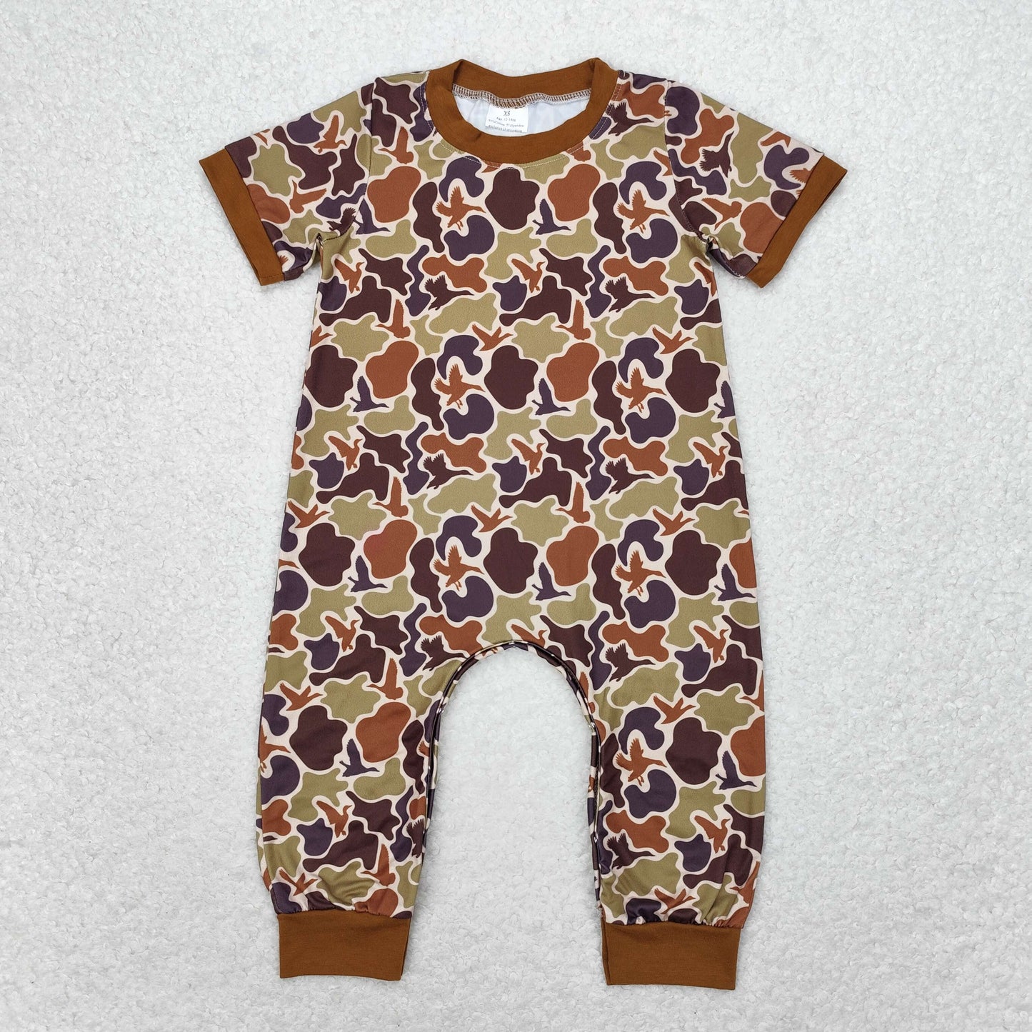 RTS no moq SR1814 Duck camouflage brown short-sleeved jumpsuit