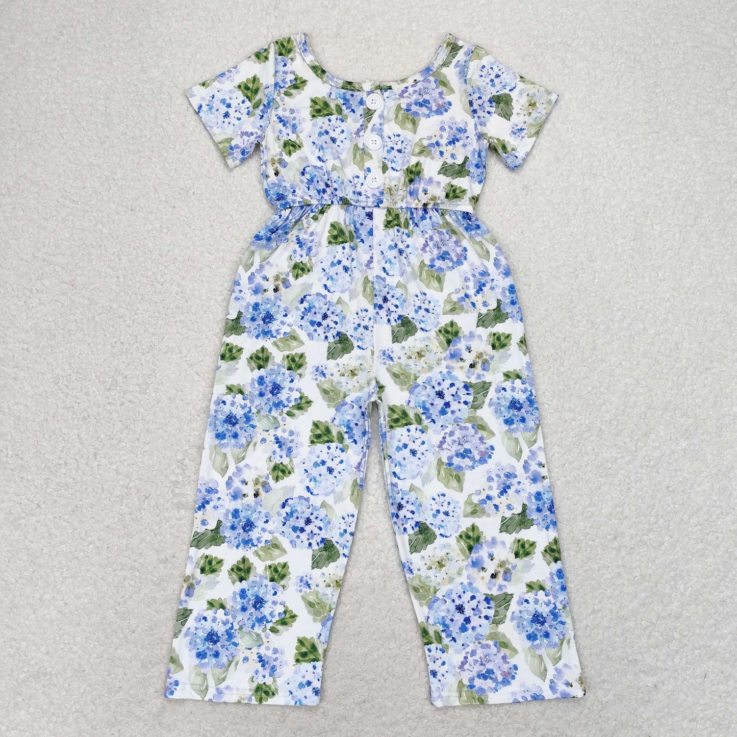 rts no moq SR1846 Blue hydrangea leaves white short-sleeved jumpsuit