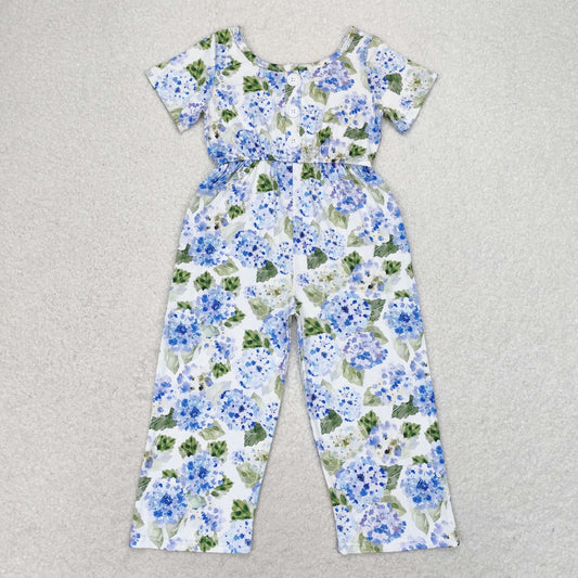 rts no moq SR1846 Blue hydrangea leaves white short-sleeved jumpsuit