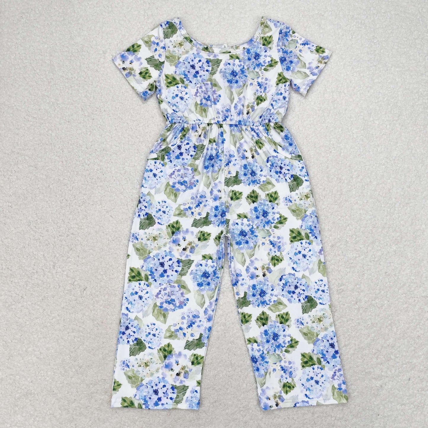 rts no moq SR1846 Blue hydrangea leaves white short-sleeved jumpsuit