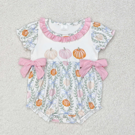 RTS no moq SR1865 Pumpkin Leaf Pink Lace Bow White Short Sleeve Bodysuit