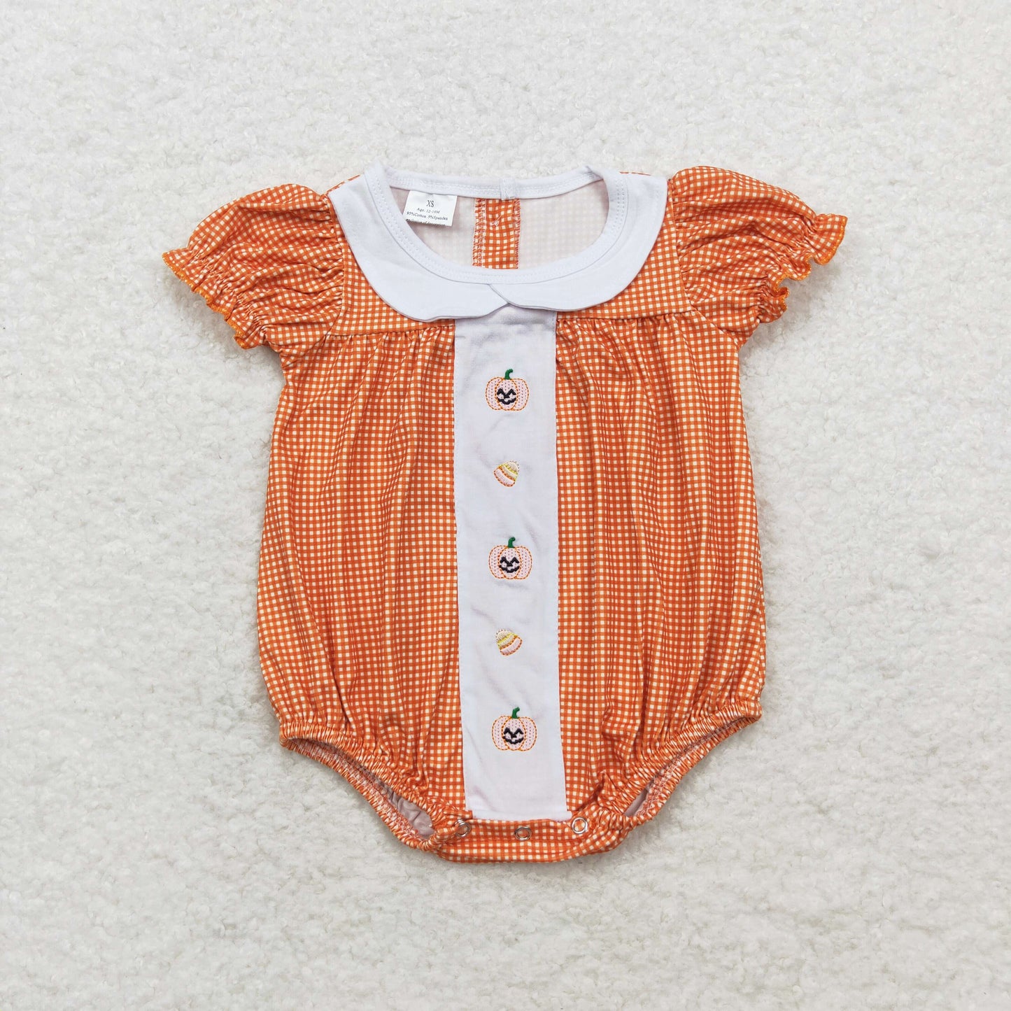 RTS no moq SR1879 Embroidered smiley face pumpkin lantern candy doll collar orange plaid short-sleeved jumpsuit