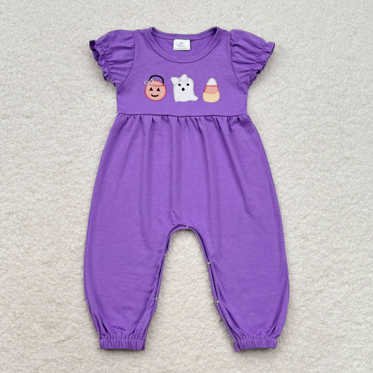 RTS no moq SR1927 Embroidered Smiley Jack-O-Lantern Ghost Candy Purple Short-Sleeved Bodysuit