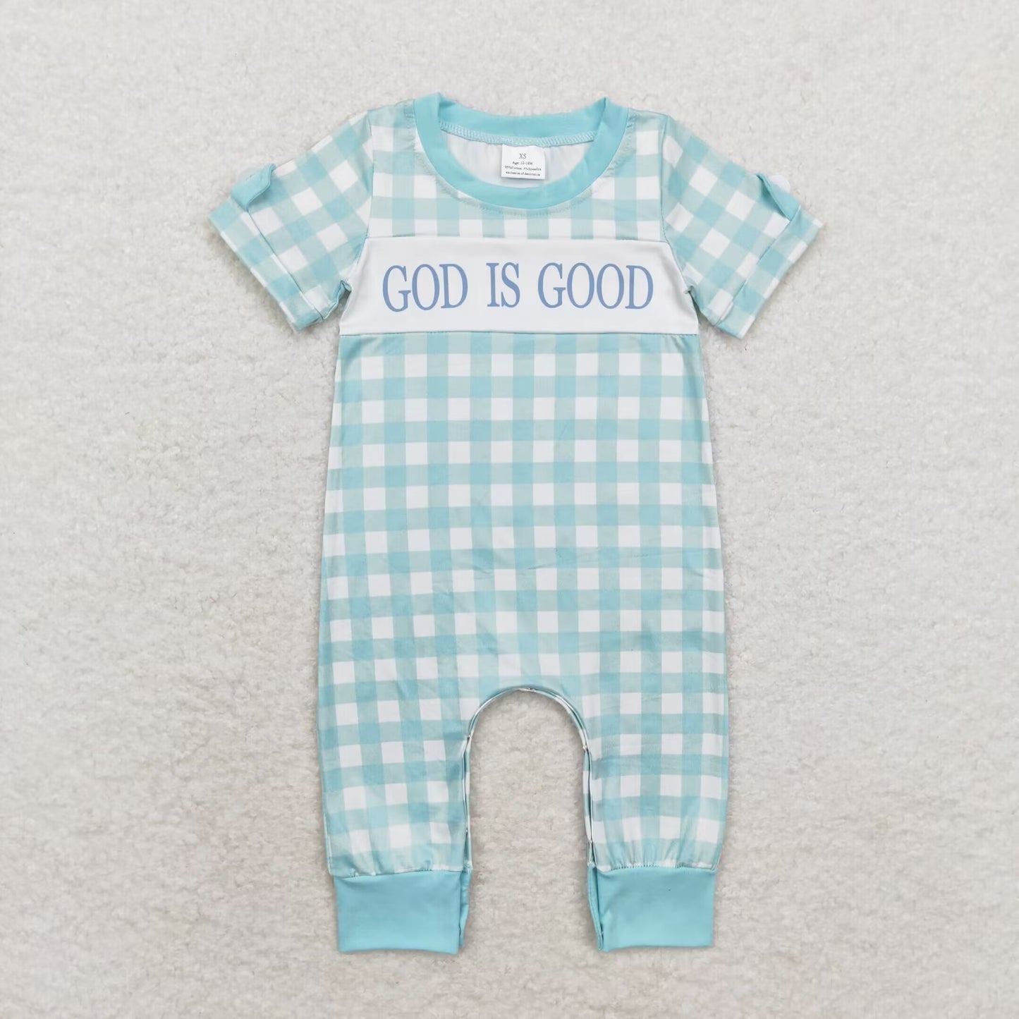RTS NO MOQ（In Stock) god is good plaid blue green short sleeve jumpsuit