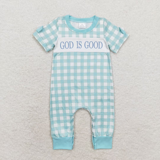 RTS NO MOQ（In Stock) god is good plaid blue green short sleeve jumpsuit