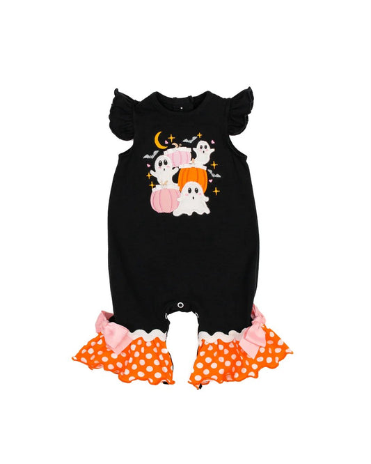 no moq sales SR1951 pre-order baby girls clothes pumpkin ghost black flying sleeve Romper-2024.8.9