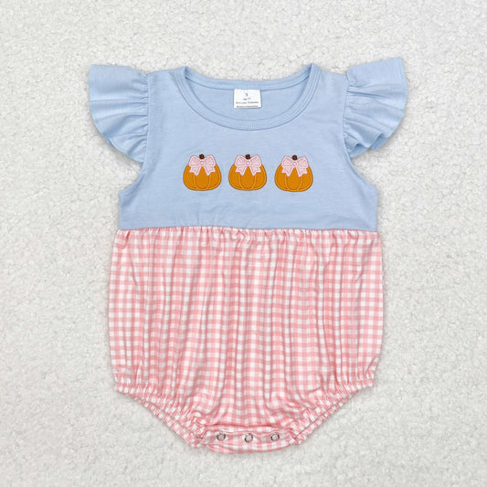 RTS NO MOQ ETA 5/7days arrived SR1962 Embroidered Pumpkin Pattern Pink Plaid Short Sleeve Bodysuit