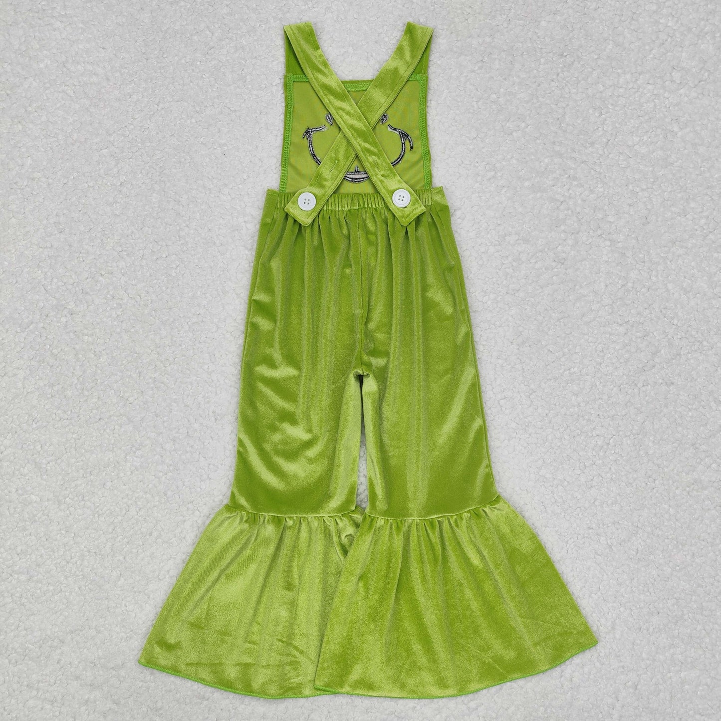 RTS NO MOQ ETA 5/7days Arrived SR2013 grinch embroidered smiley green gold velvet suspender jumpsuit