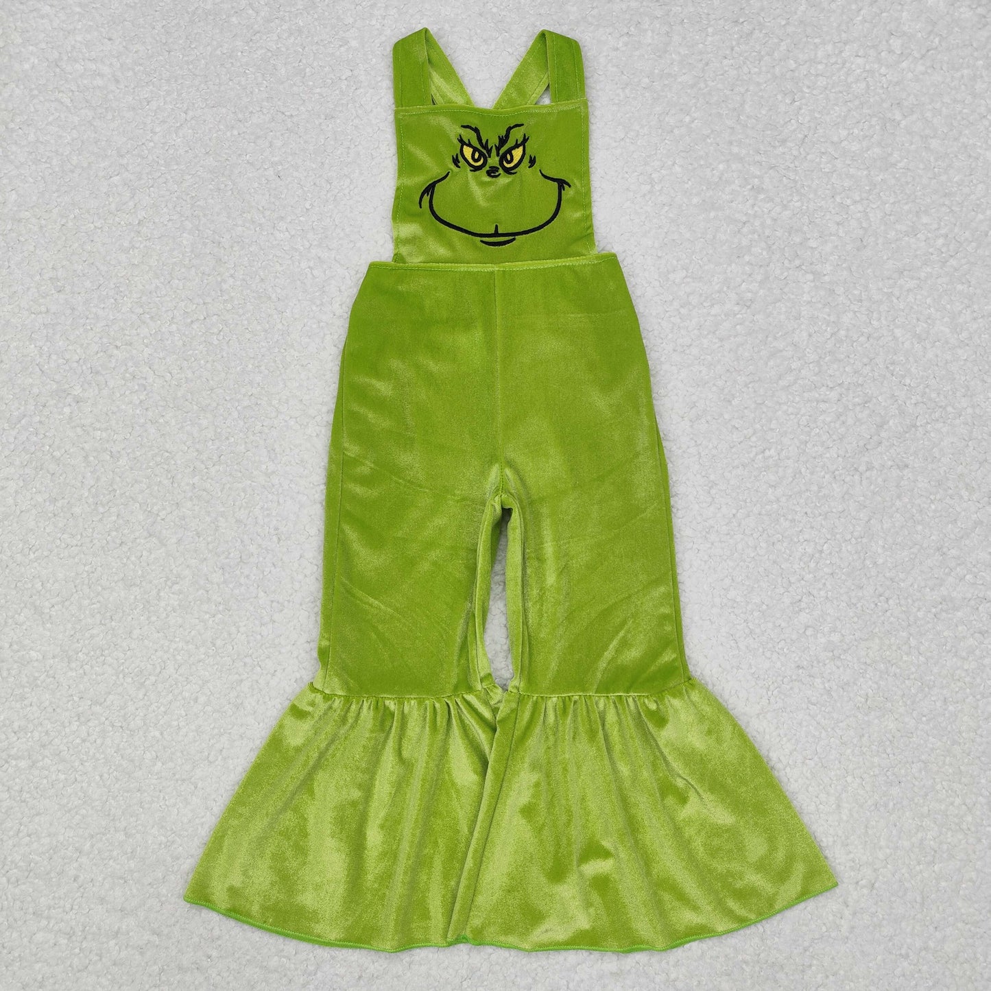 RTS NO MOQ ETA 5/7days Arrived SR2013 grinch embroidered smiley green gold velvet suspender jumpsuit