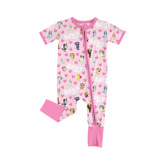 no moq sales SR2058 pre-order baby girls clothes love cartoon dog pink short sleeve Romper-2024.10.14