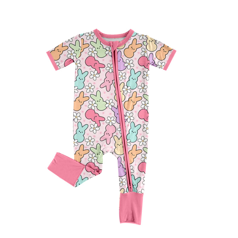 no moq sales SR2059 pre-order baby girls clothes easter rabbit pink short sleeve Romper-2024.10.14