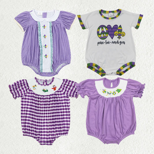 RTS NO MOQ Baby Boys Mardi gras Embroidery Smocked Shorts Sleeve Romper Mixed Sizes