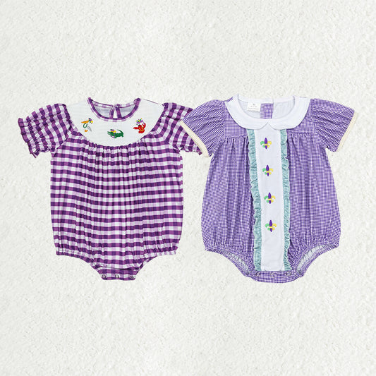 RTS NO MOQ Sibling Baby Boys Mardi gras Embroidery Smocked Shorts Sleeve Romper Mixed Sizes