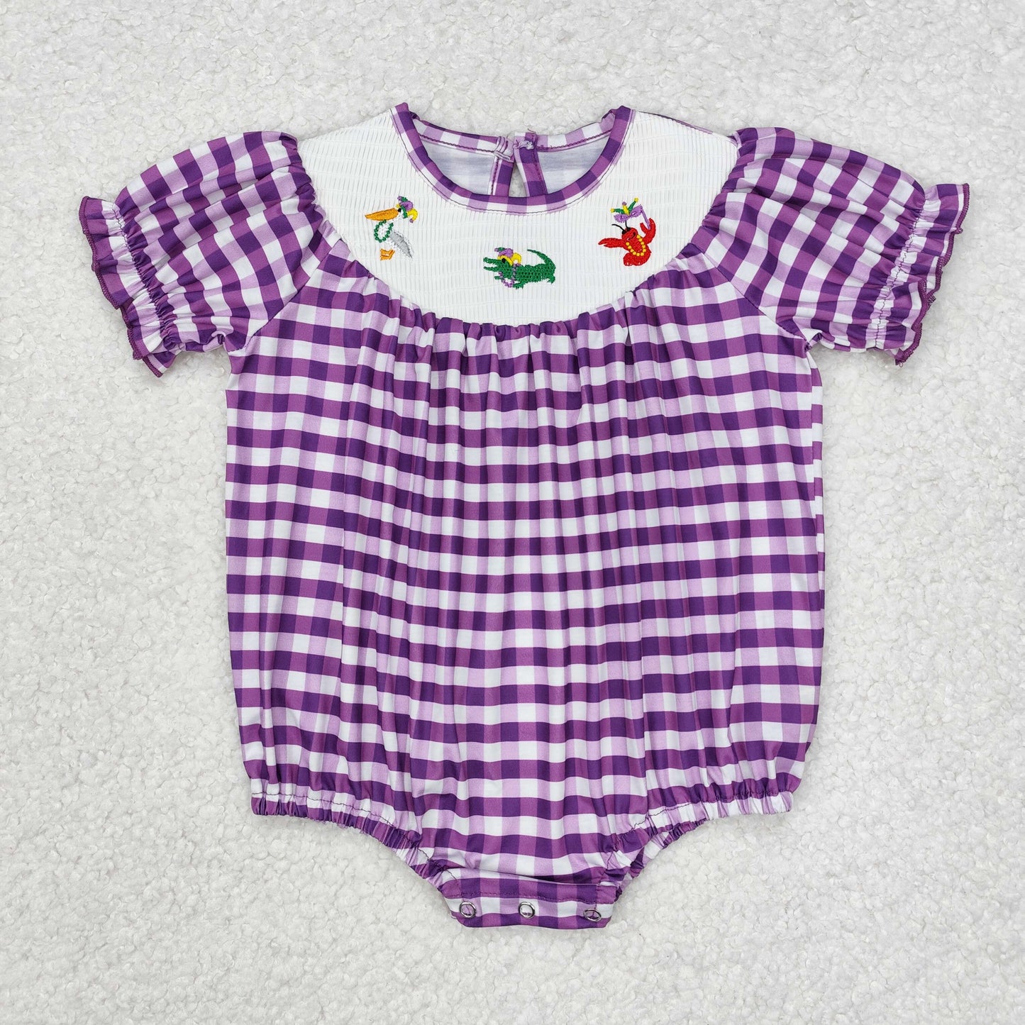 RTS NO MOQ Baby Boys Mardi gras Embroidery Smocked Shorts Sleeve Romper Mixed Sizes