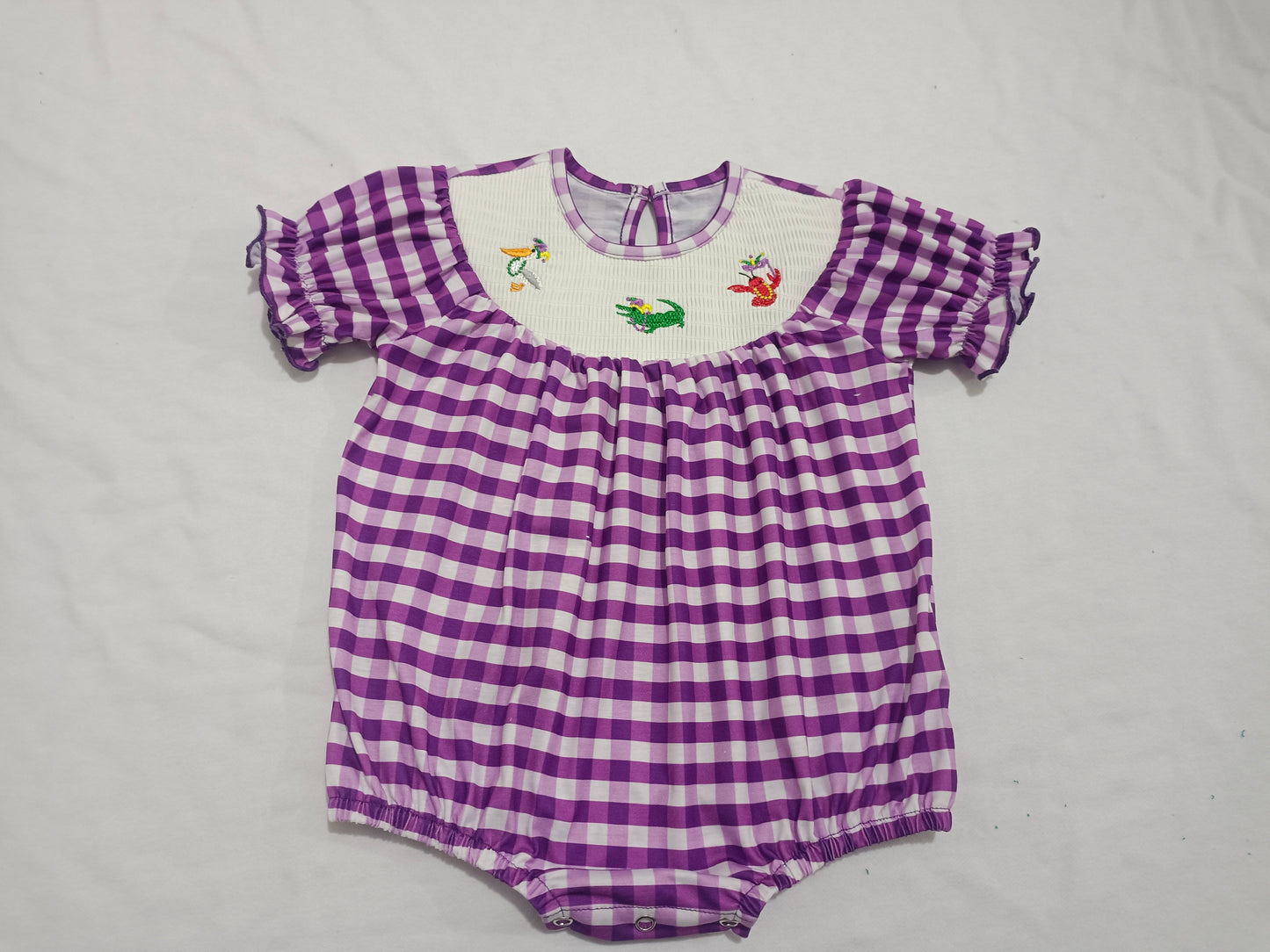 no moq sales SR2060 pre-order baby girls clothes mardi gras purple short sleeve Romper