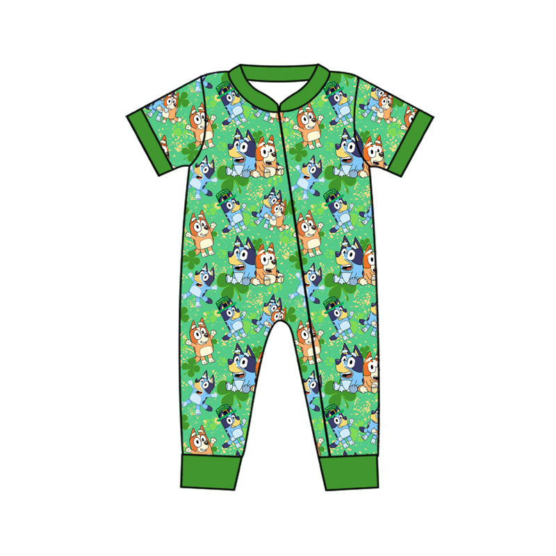 no moq sales SR2069 pre-order baby boys clothes cartoon dog green short sleeve Romper-2024.10.15