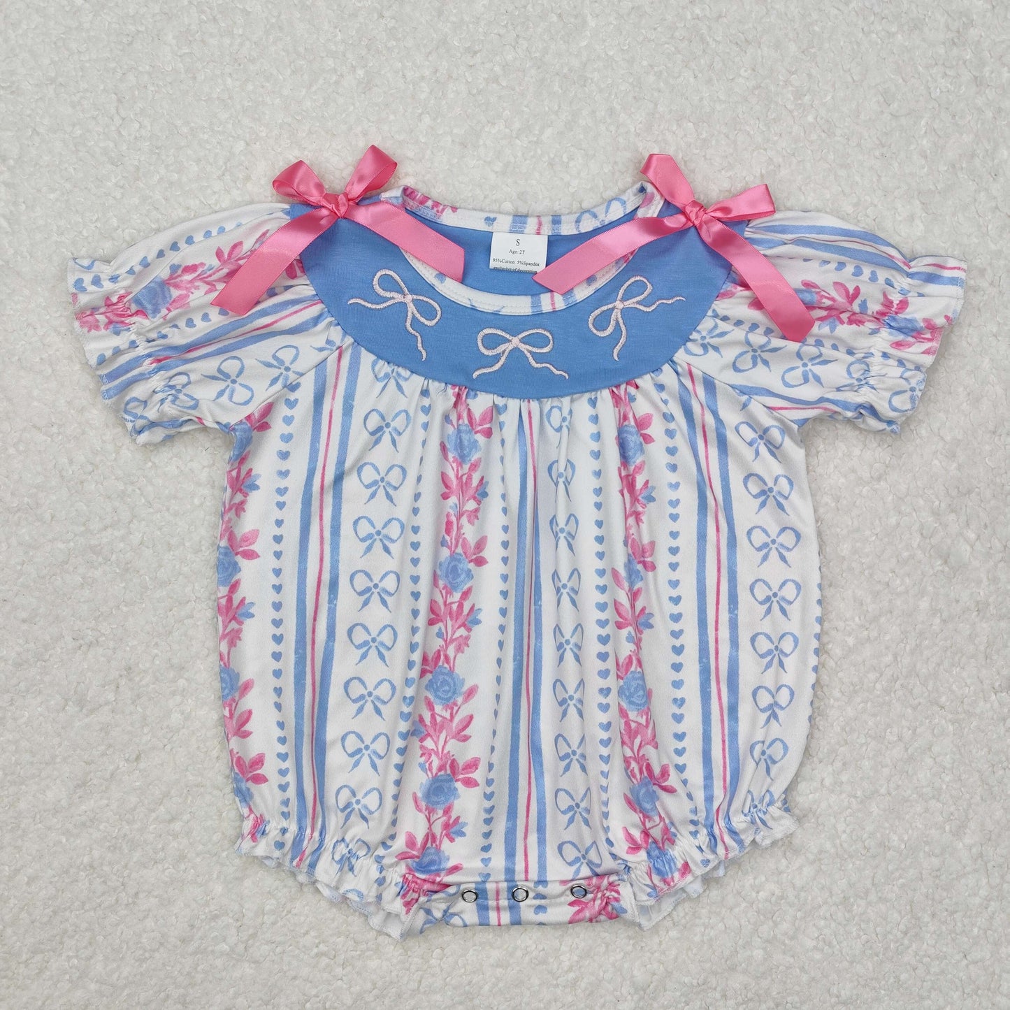 RTS baby girls clothes embroidery bow Short Sleeve dress rompers