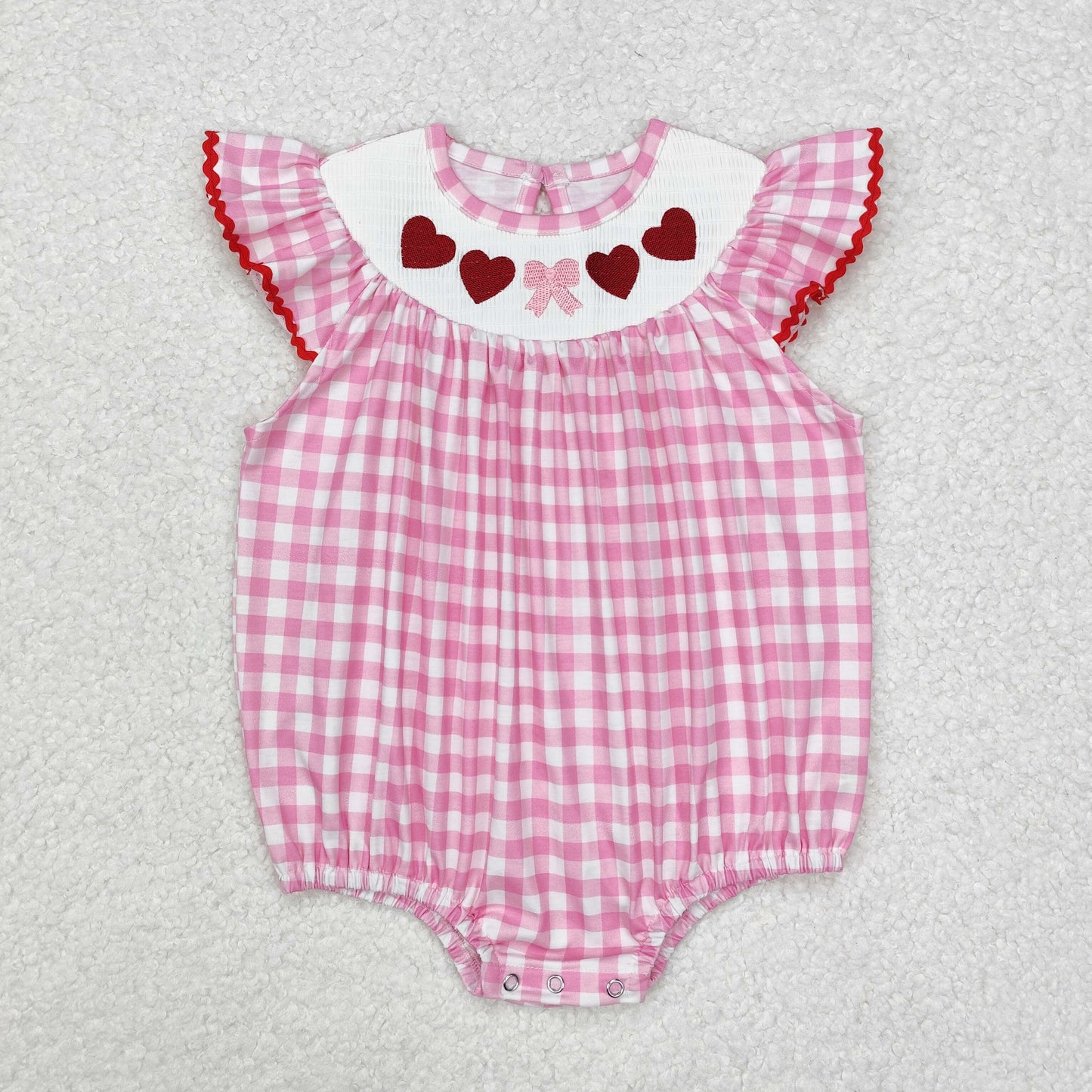 RTS NO MOQ ETA 5/7days arrived SR2214 Embroidered Valentine's Day heart bow pattern pink plaid vest jumpsuit