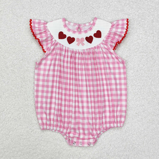 RTS NO MOQ ETA 5/7days arrived SR2214 Embroidered Valentine's Day heart bow pattern pink plaid vest jumpsuit