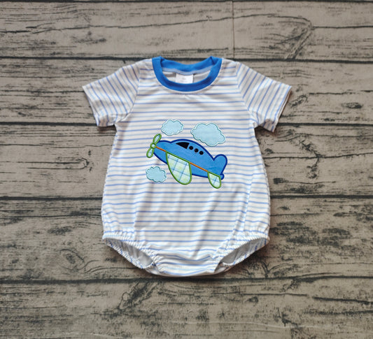 no moq sales SR2244 pre-order baby boys clothes embroidery airplane blue short sleeve Romper