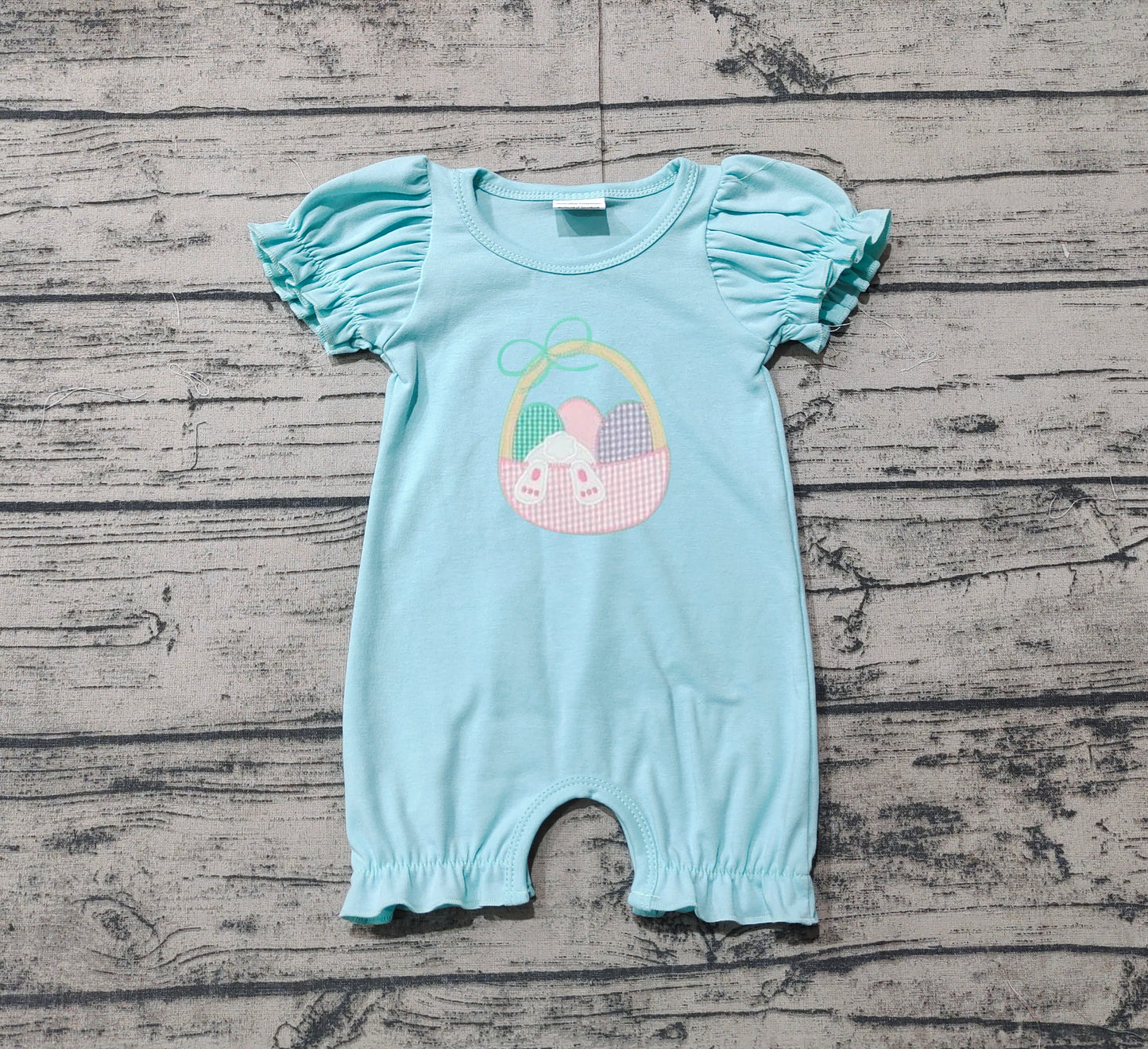 no moq sales SR2292 pre-order baby girls clothes embroidery easter teal short sleeve Romper