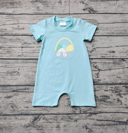 no moq sales SR2293 pre-order baby boys clothes embroidery easter teal short sleeve Romper