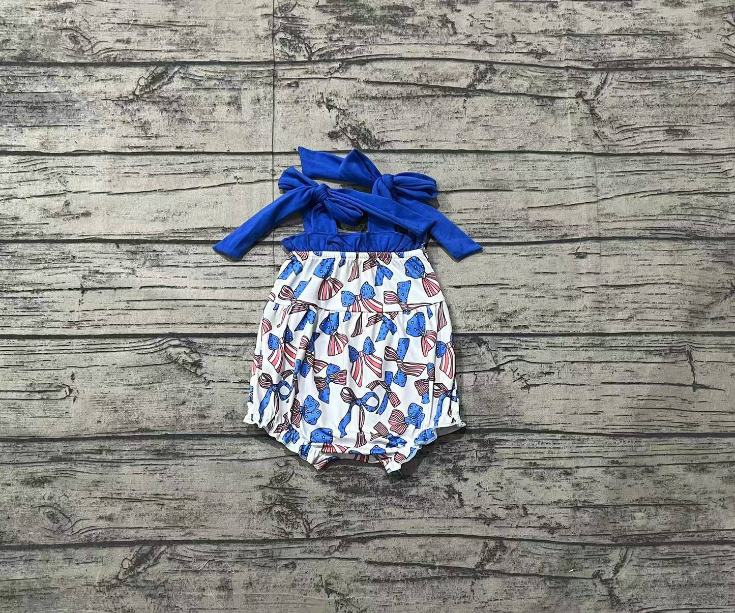 no moq sales SR2318 pre-order baby girls clothes bow blue suspender Romper