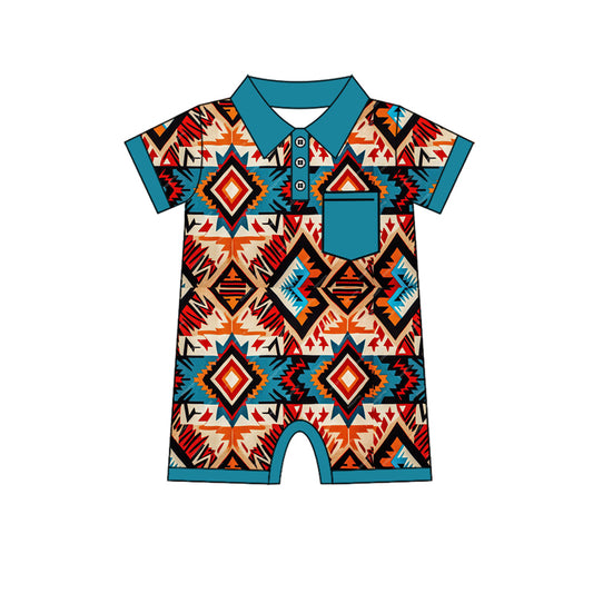 no moq sales SR2321 pre-order baby boys clothes Geometry blue and green short sleeve Romper-2024.11.23