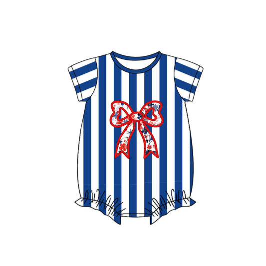 no moq sales SR2333 pre-order baby girls clothes bow floral blue striped short sleeve Romper-2024.11.25