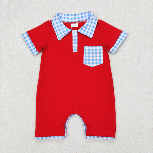 RTS NO MOQ ETA 5/7days arrived SR2352 National Day blue plaid pocket red short-sleeved jumpsuit