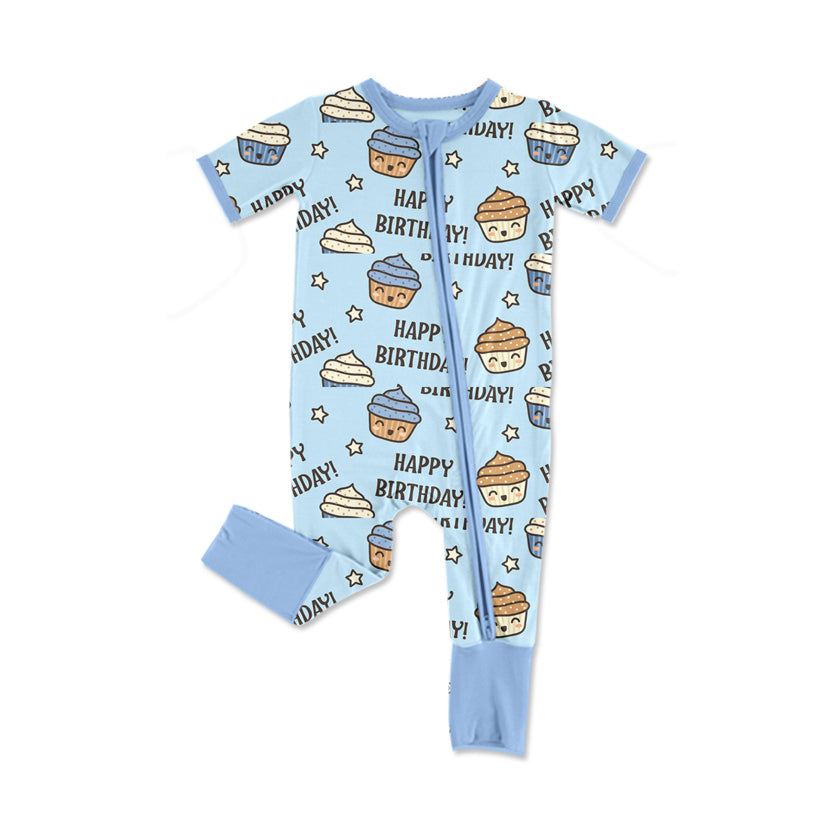 no moq sales SR2371 pre-order baby boy clothes HAPPY BIRTHDAY blue short sleeve Romper-2024.11.30