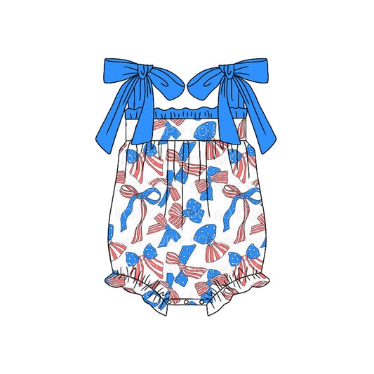 no moq sales SR2380 pre-order baby girls clothes bow blue suspender Romper-2024.12.4