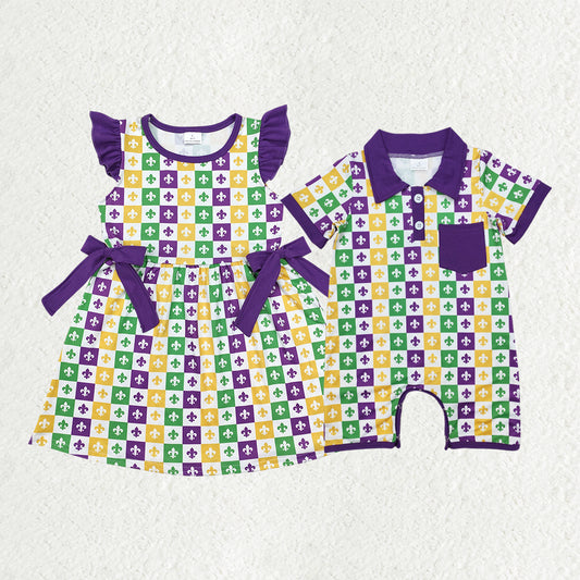 RTS baby girls clothes mardi gras Short Sleeve dress rompers