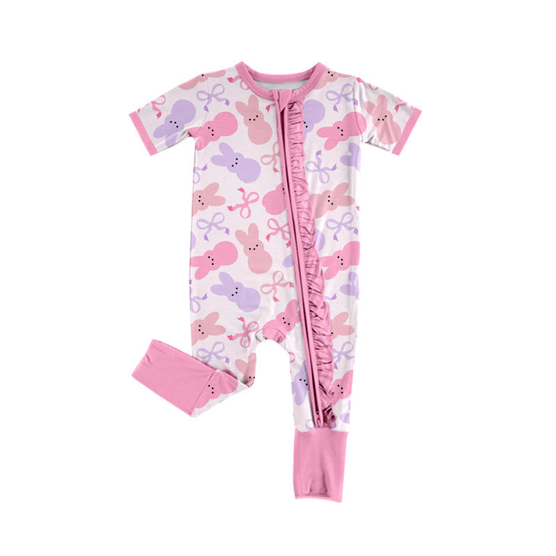 no moq sales SR2427 pre-order baby girl clothes easter bunny bow pink short sleeve Romper-2024.12.10