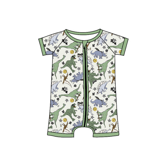 no moq sales SR2435 pre-order baby boys clothes dinosaur green short sleeve Romper-2024.12.11