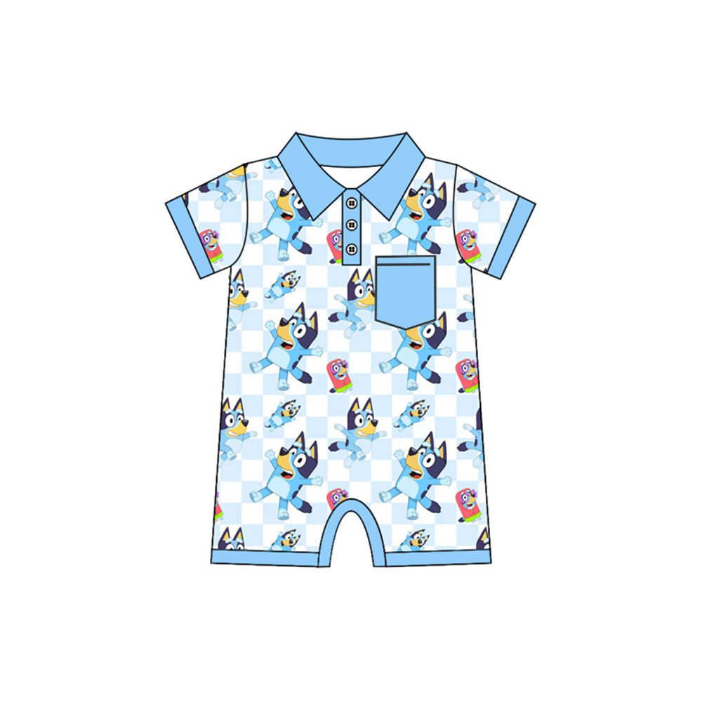 no moq sales SR2459 pre-order baby boys clothes cartoon dog blue short sleeve Romper-2024.12.15