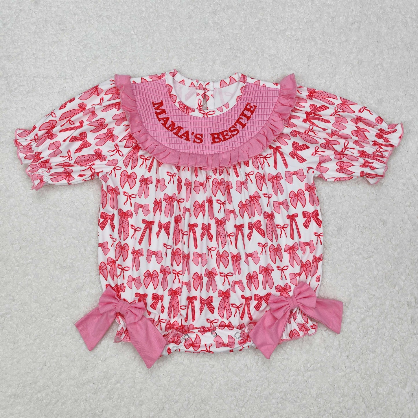 RTS NO MOQ ETA 5/7days arrived SR2620 Pink and white short-sleeved bodysuit with embroidered mama's bestie bow pattern