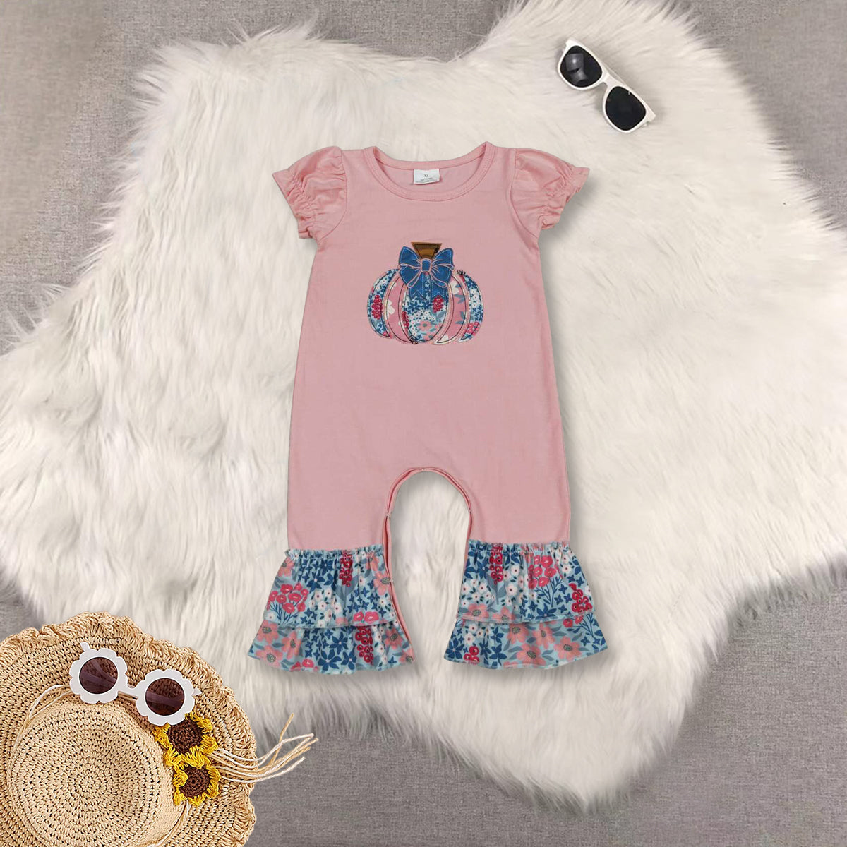 RTS NO MOQ Sibling baby Girls clothes halloween embroidery pumpkin short sleeve pants Sets dress romper