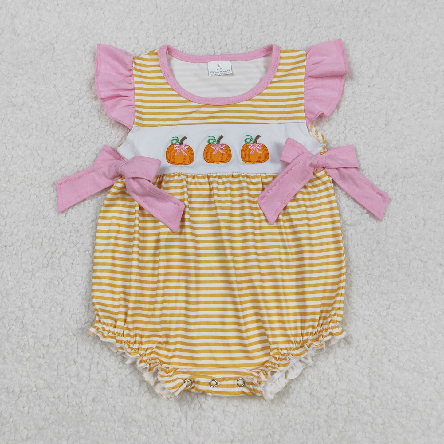 RTS NO MOQ（In Stock) SR3125 Embroidered pumpkin orange striped vest bodysuit with pink bow