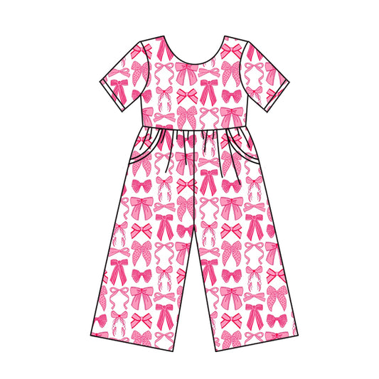 no moq SR3144 PRE-ORDER baby girls clothes bow pink short sleeve jumpsuit-2025.5.30