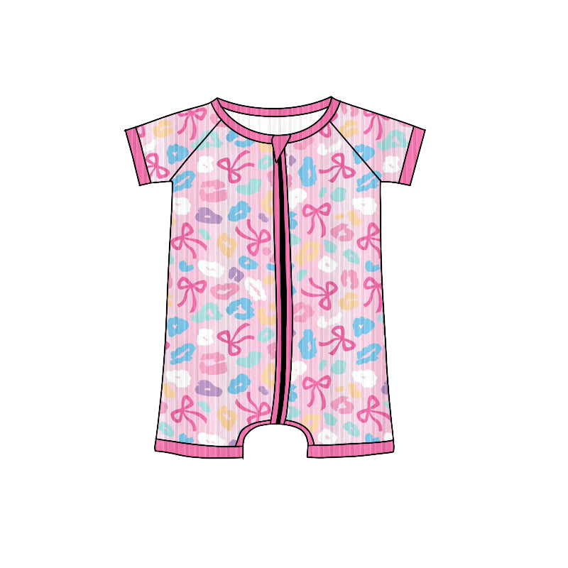 no moq SR3165 pre-order baby girl clothes Ribbed bow pink short sleeve romper-2025.6.7